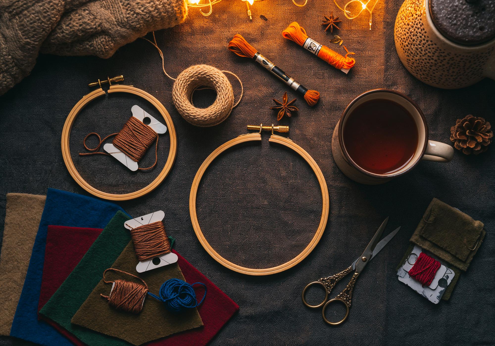 Studio workspace with threads and hoops